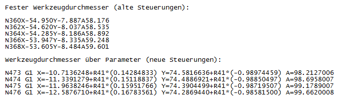 Export klassischer NC-Daten für feste Werkzeugdurchmesser (oben) und für die Werkzeugradius-Korrektur mit Parameterprogrammierung (unten)